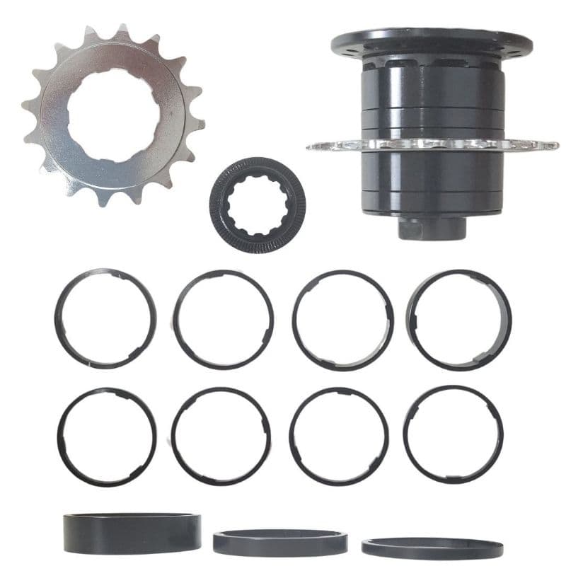 Kit pinhão single pra montagem em bicicleta sem marchas. Acompanha o pinhão de 16 dentes, espaçadores e tampa de aperto.