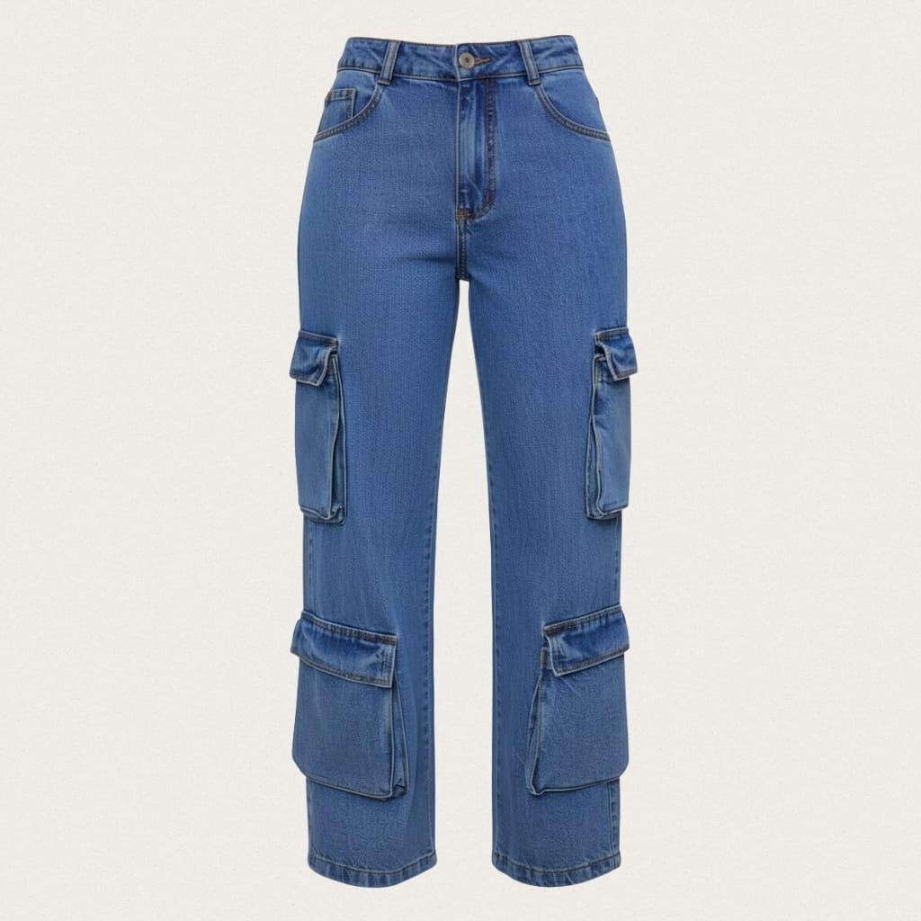 Calça Jeans Cargo Feminina Quatro Bolsos Utilitária Confortável Moderna Casual