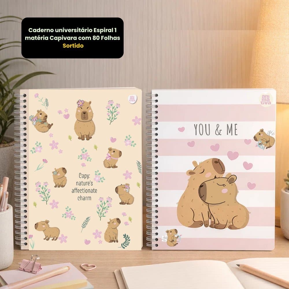 Caderno Universitário Espiral 1 Matéria, Caderno Feminino Capivara + Adesivos, Capa Dura, 80 Folhas