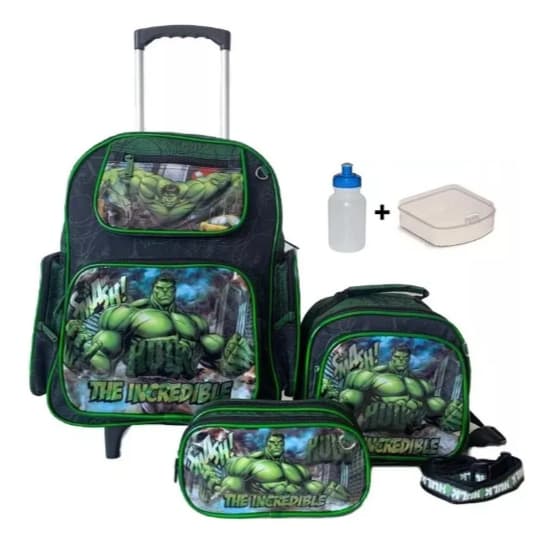 Kit Mochila Hulk de Rodinhas Original + Lancheira + Estojo