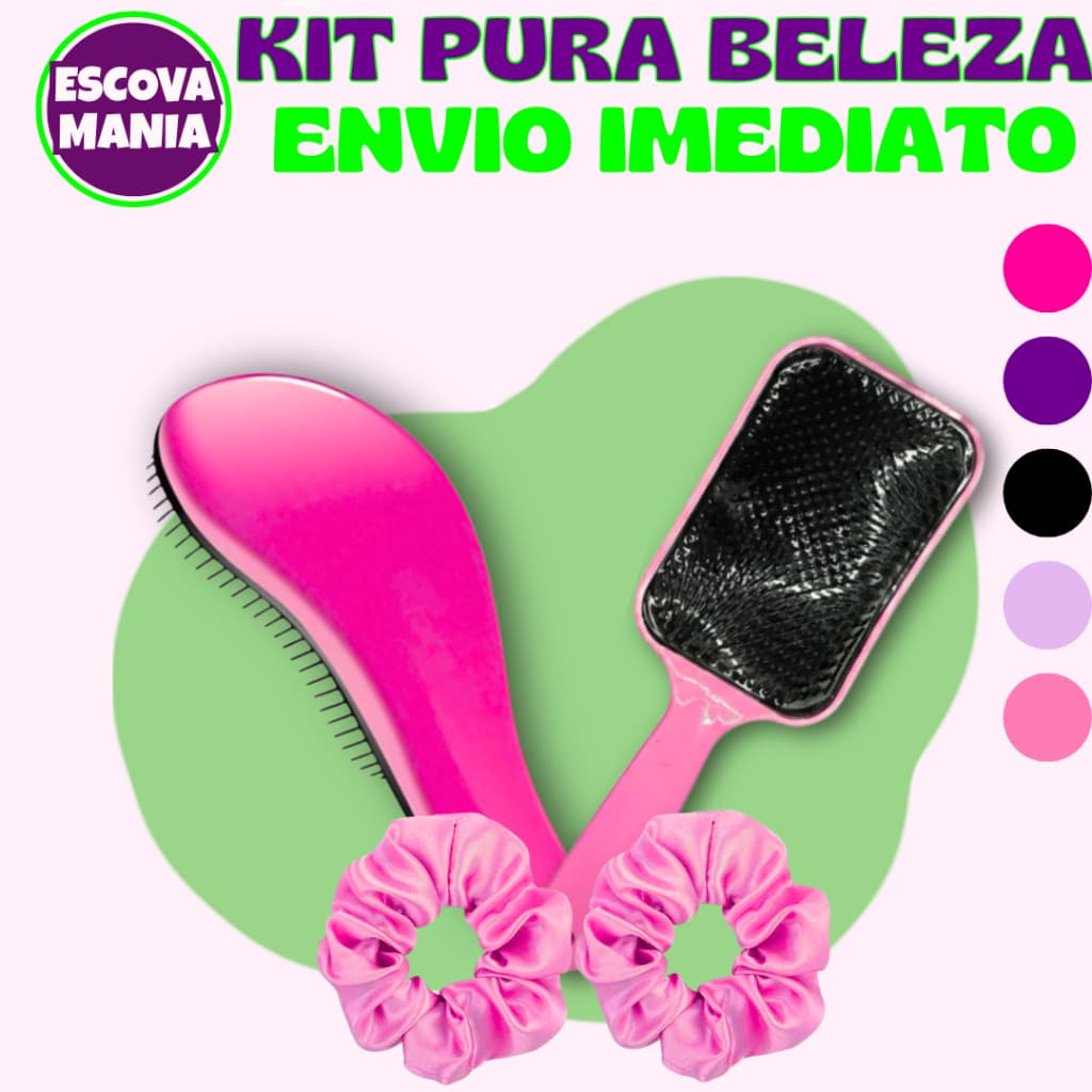 Kit Pura Belezas 3 Itens - Escova Mágica + Escova Raquete + 2 Xuxinha De Cetim + Anti Frizz - De Desembaraçar Cabelo