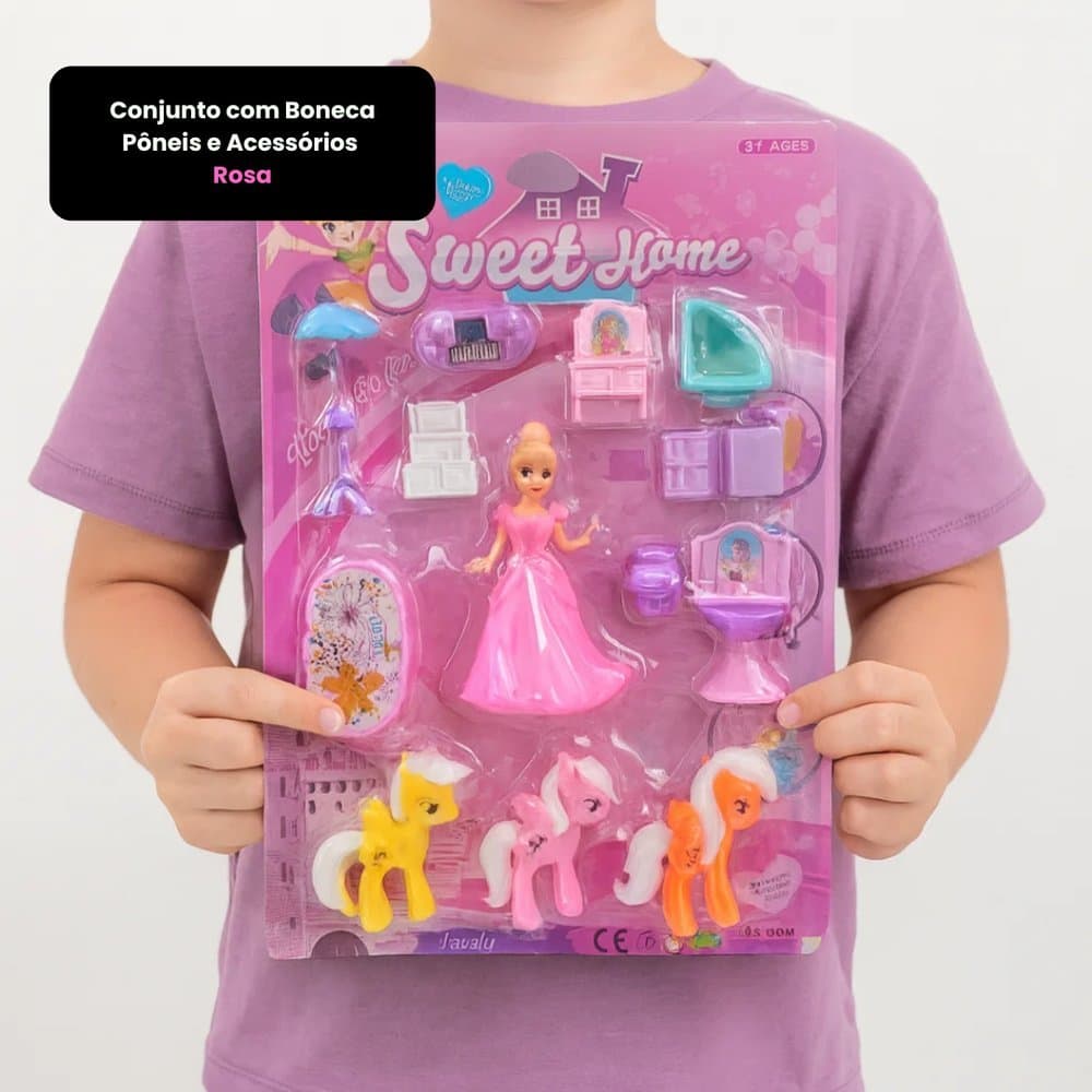 Conjunto Boneca com Pôneis e Acessórios Infantil Casinha Sweet Home Educativo Rosa