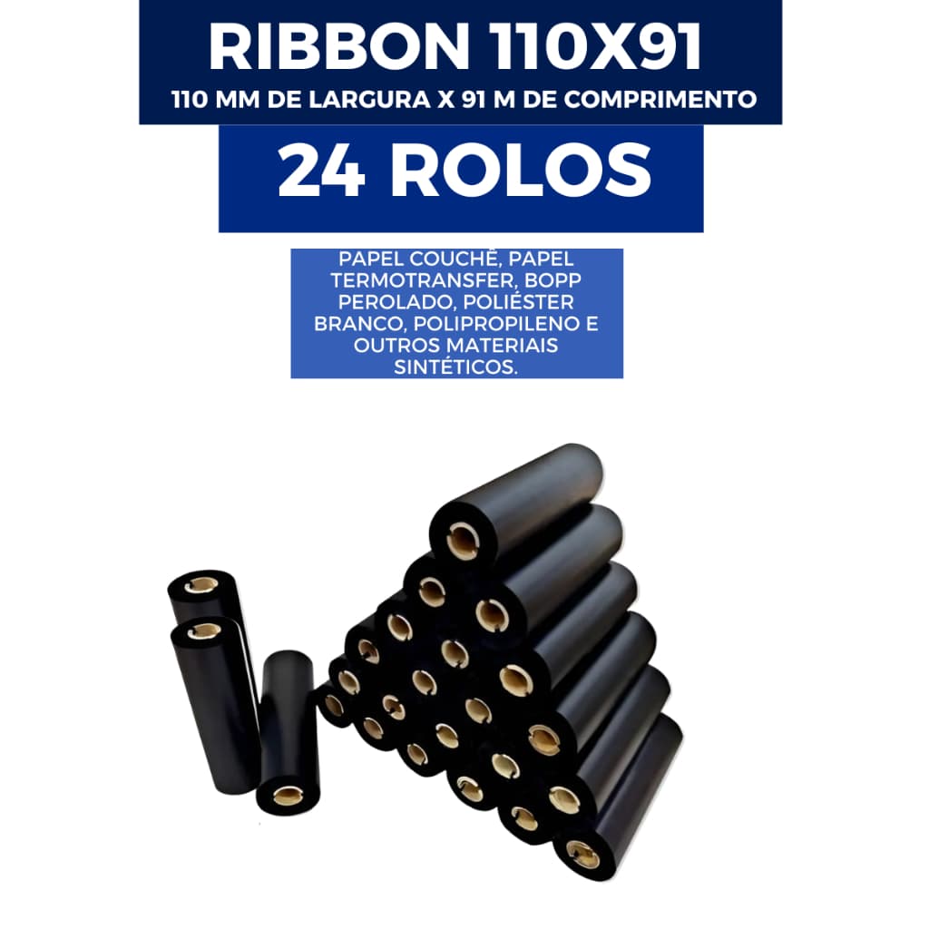 Kit 24 Un Ribbon Resina R400 110x91mts Preto Impressão Premium Transferência Térmica