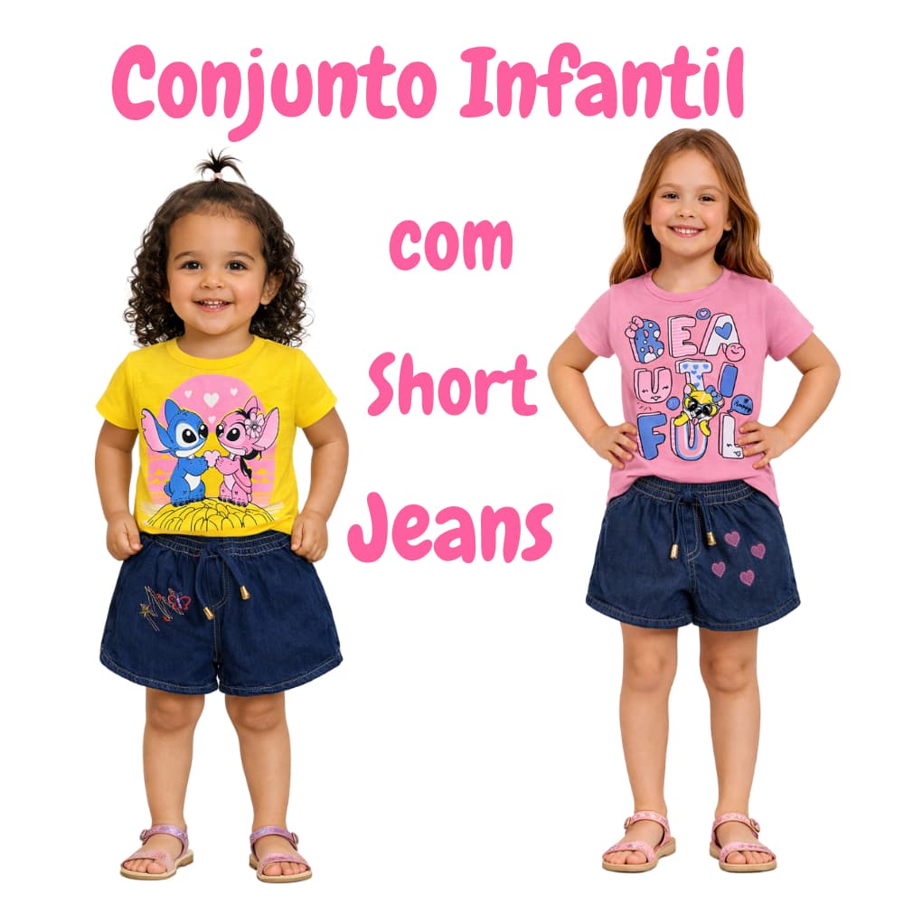 Conjunto Infantil Menina Blusa Short Jeans Estampas sortidas