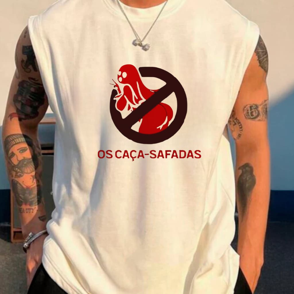 Camiseta Regata Oversized Os Caça Safadas Carnaval Bloco Alegria