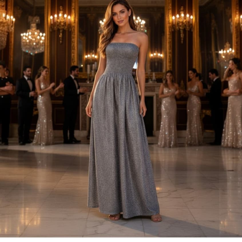 Vestido Longo Tomara que Caia  Lastex Tecido Lurex - Brilho e Elegância