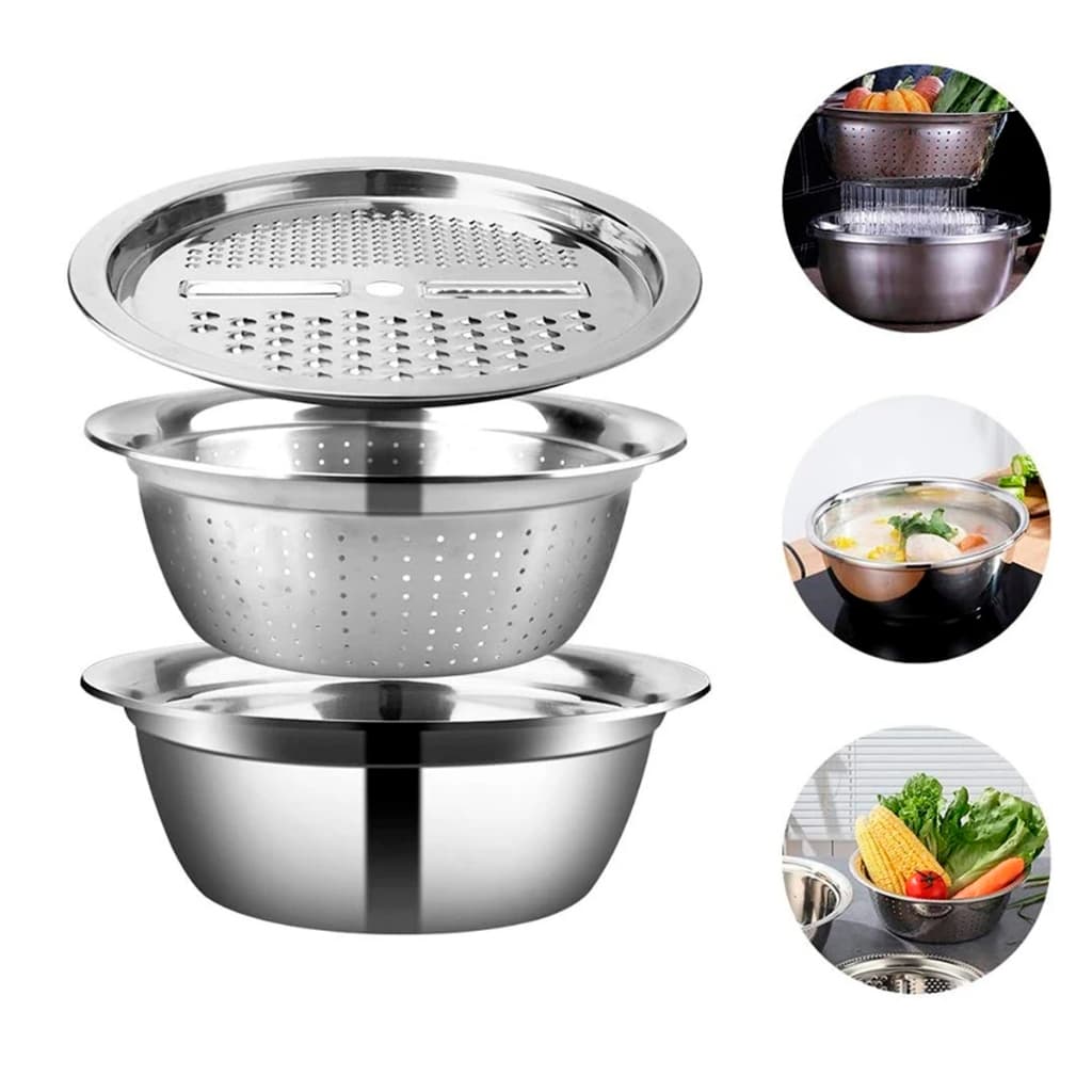 3 EM 1 Conjunto Bacia de Aço Inox com Ralador