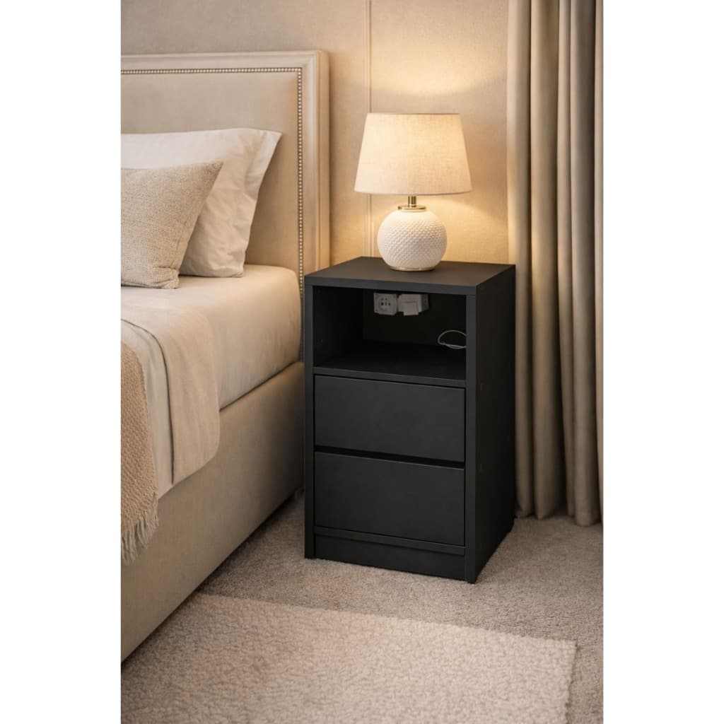 Criado Mudo com 2 Gavetas e Nicho 100% MDF Mesa de Cabeceira Moderna Branco E Preto