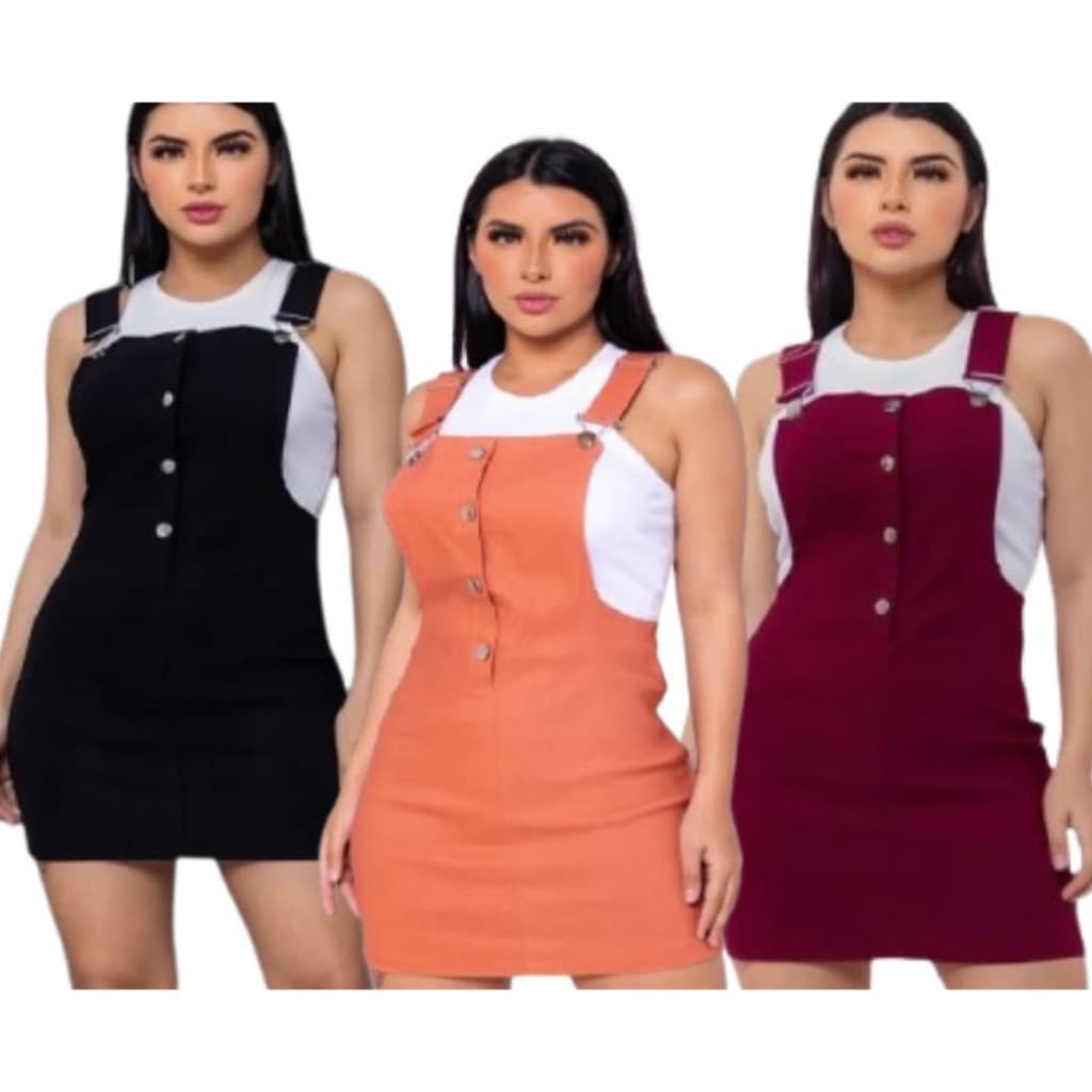 Kit 3 Vestido Jardineira Feminino Bengaline Moda Blogueira
