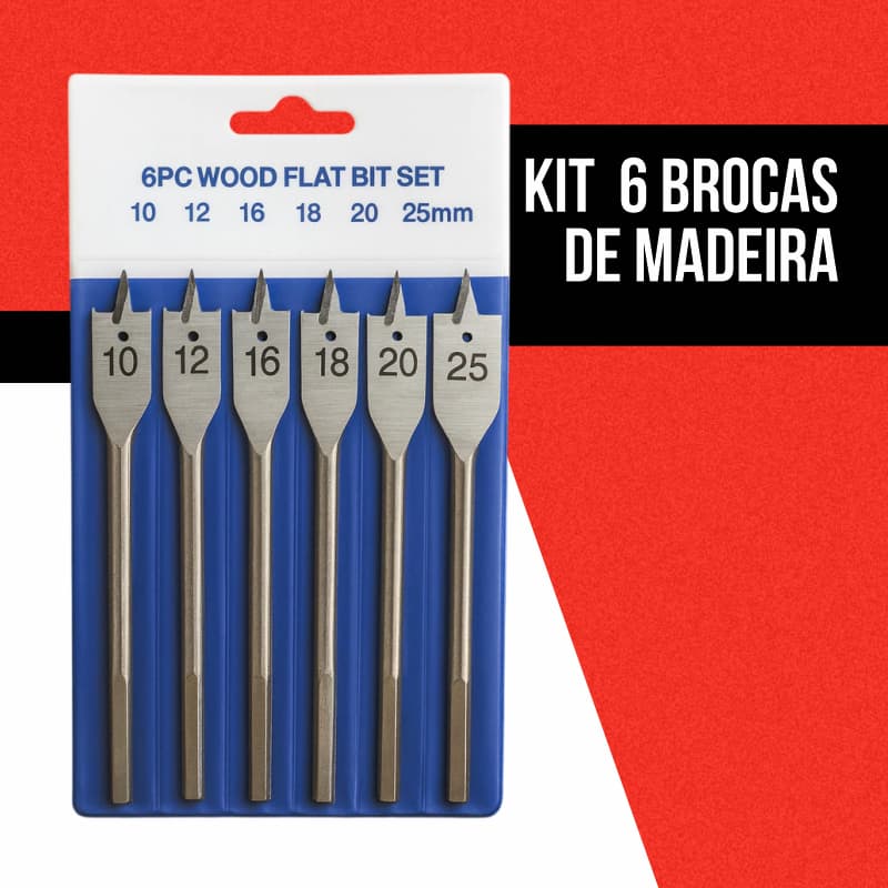 Jogo de Broca Chata 6 Peças p/ Madeira | Fura Rápido e Preciso – 10 a 25mm Marcenaria Dura Furadeira