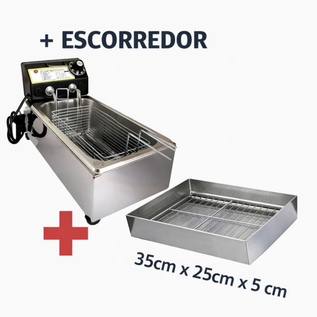 Fritadeira Elétrica Cuba 3,5L Inox Profissional + Escorredor de Fritura 35x25