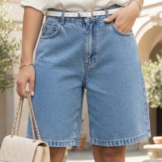 Bermuda Feminina Jeans Mom Pedal Sem Lycra Cintura Alta Comprida Marmorizada Confortável Elegante