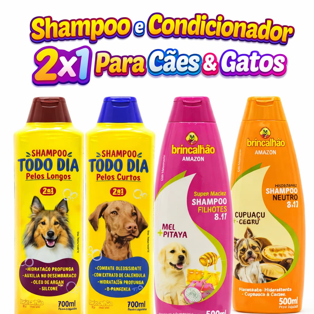 Shampoo e Condicionador Para Cães e Gatos 2 em 1 Limpeza Profunda Fragrância Duradoura 700 e 500 ml