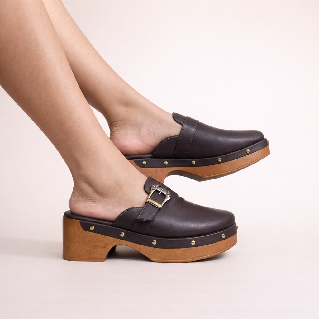 Sandalia Mule Salto Amadeirado Fivela Clog Boho Chic Hashem