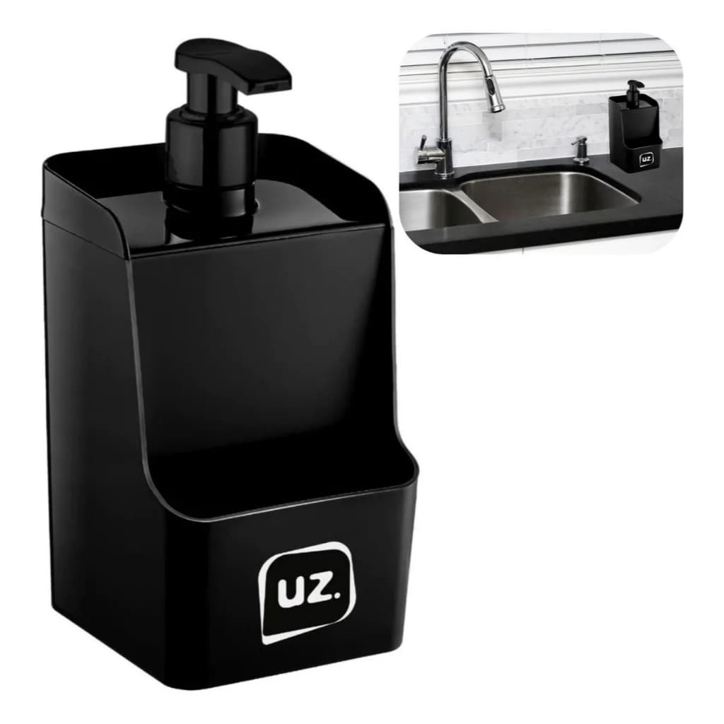 Dispenser Porta Detergente UZ 500ml Preto com Suporte para Esponja – Praticidade na Cozinha
