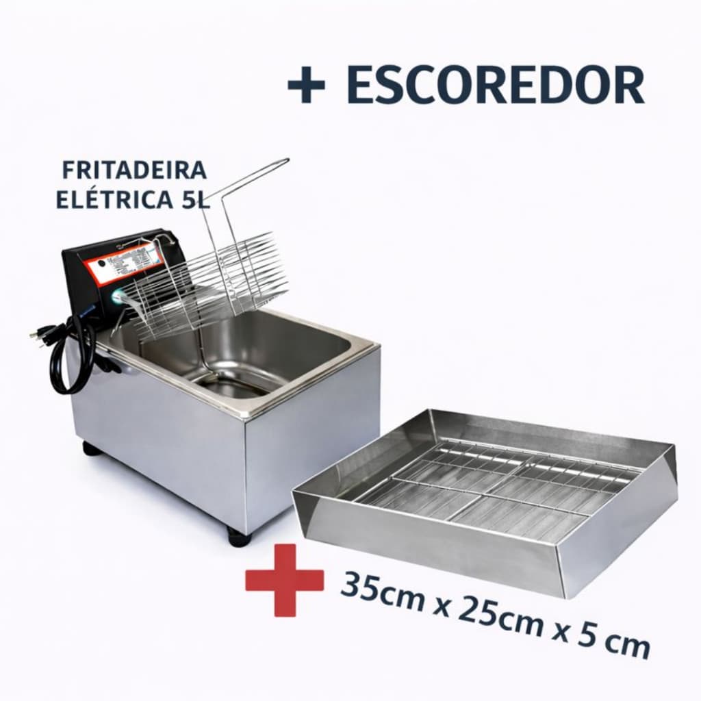 Kit Fritadeira Elétrica 5L Cuba Inox + Escorredor de Fritura Profissional 35x25x5