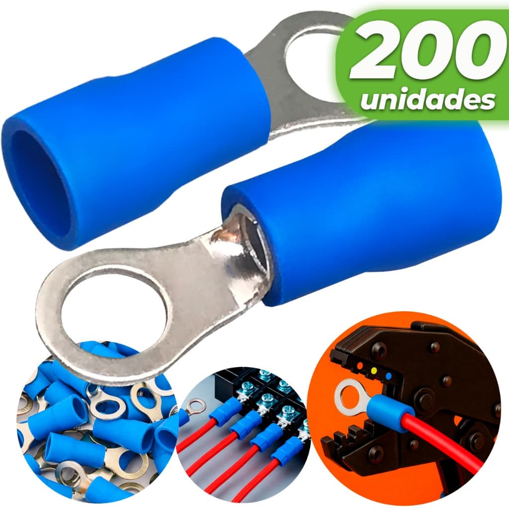 Kit 200x Terminal Olhal Anel Argola Pré isolado Anti Curto Conector Elétrico 1,5mm A 2,5mm Azul