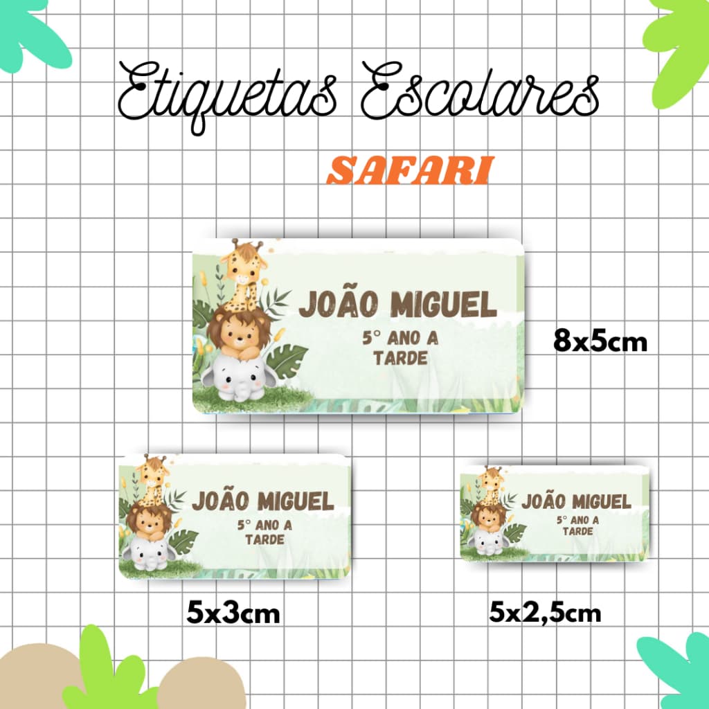 Kit Etiqueta Escolar Safari l Adesivos Escolar l Etiquetas Personalizadas l Material Escolar l Volta as Aulas