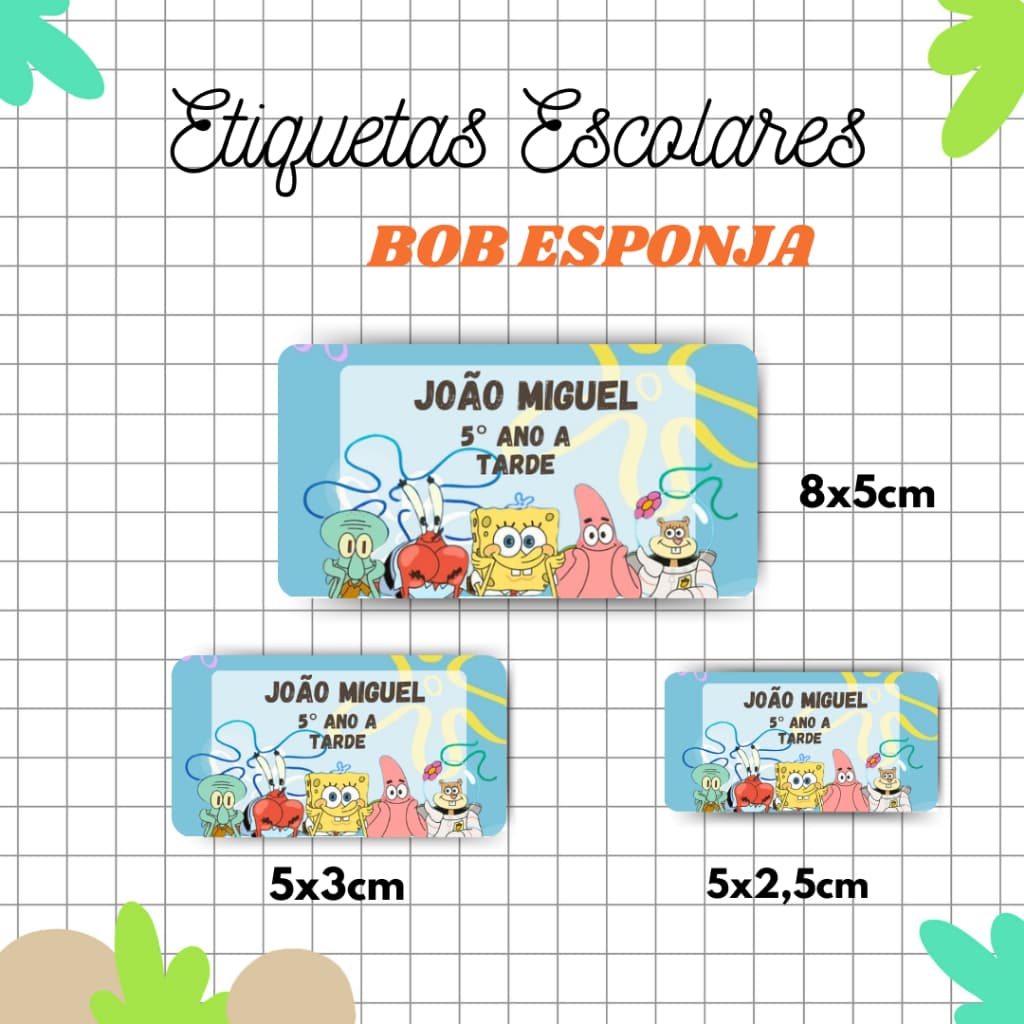 Kit Etiqueta Escolar Bob Esponja l Adesivos Escolar l Etiquetas Personalizadas l Material Escolar l Volta as Aulas