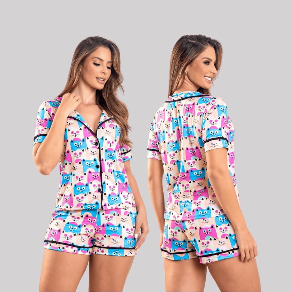 Pijama de Botão Gatinho Short Doll com Gola Blogueira Homewear Verão Meia Estação