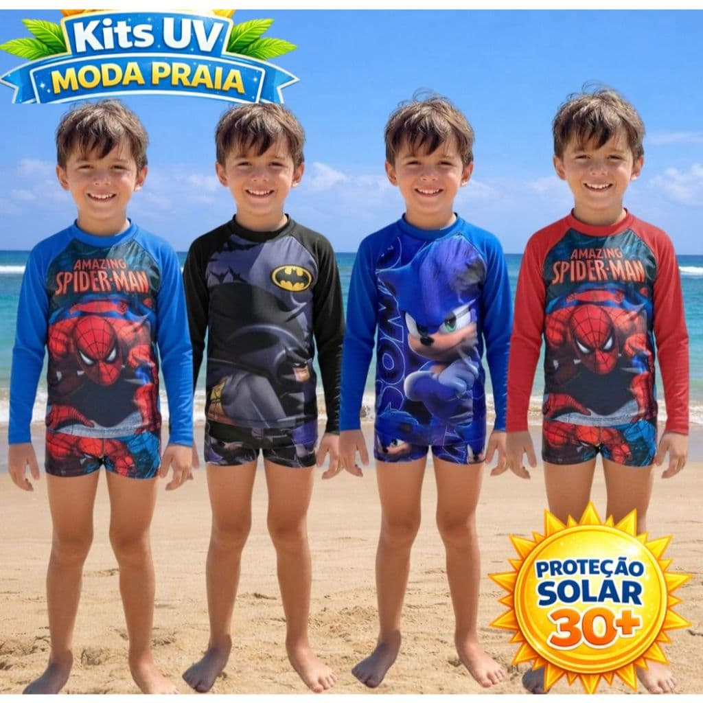 Conjunto Praia Infantil UV 30+ Personagens | Proteção Solar para Meninos | 2 a 12 Anos