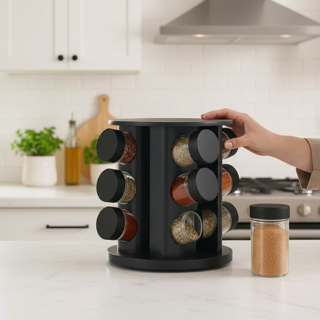 Porta Temperos e condimentos base Giratório com 9 Potes de Vidro Preto e etiquetas