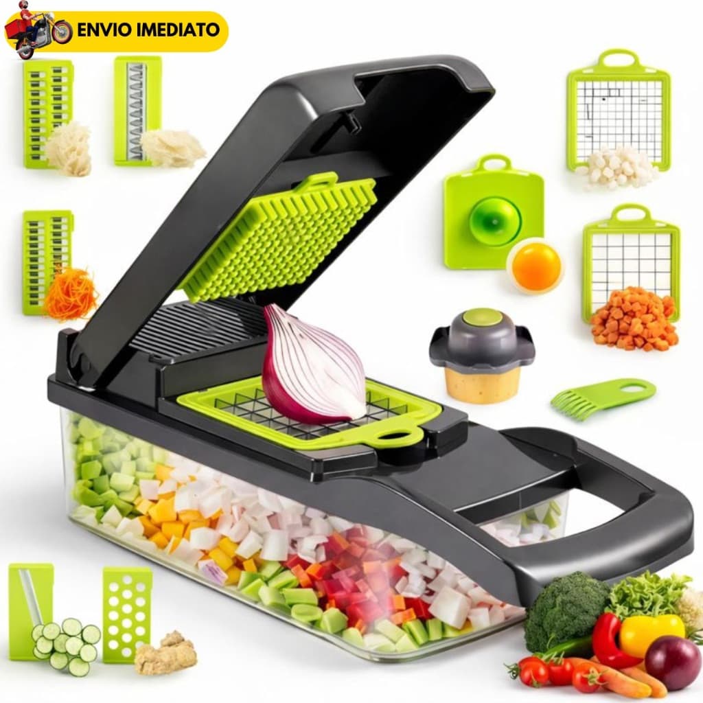 ￼Fatiador de Legumes e Frutas 16 em 1 Cortador Ralador Picador de Alimentos com Recipiente Profissional Multifuncional