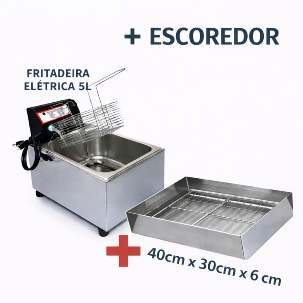Kit Fritadeira Elétrica Profissional 5L Cuba + Escorredor 40x30