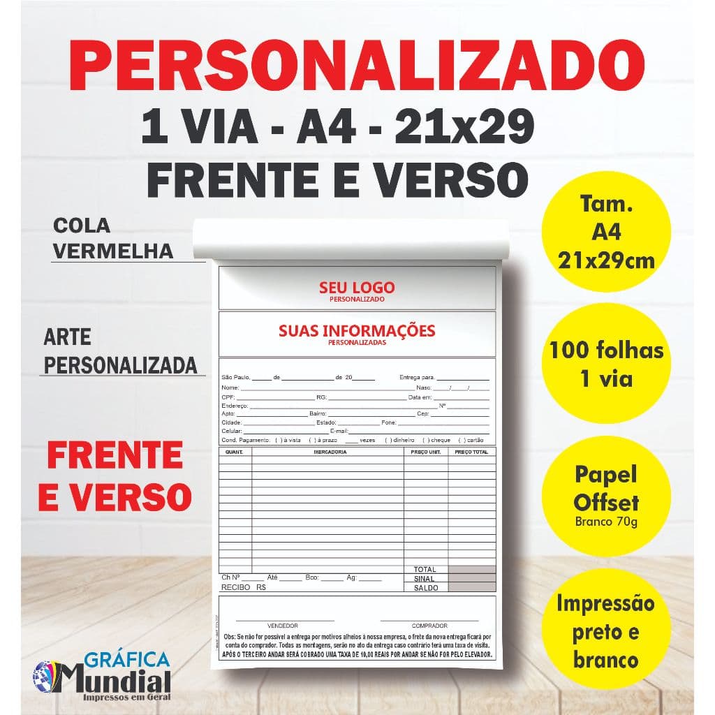 5 Blocos A4 Personalizado Frente e Verso, 100folhas cada bloco,100folhas cada bloco, Pedido Ordem de serviço Papelaria A