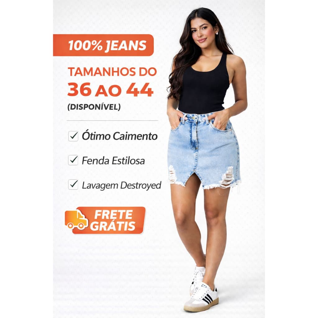 Saia Jeans Feminina com Fenda Destroyed 100% Jeans Cintura Alta Confortável e Estilosa