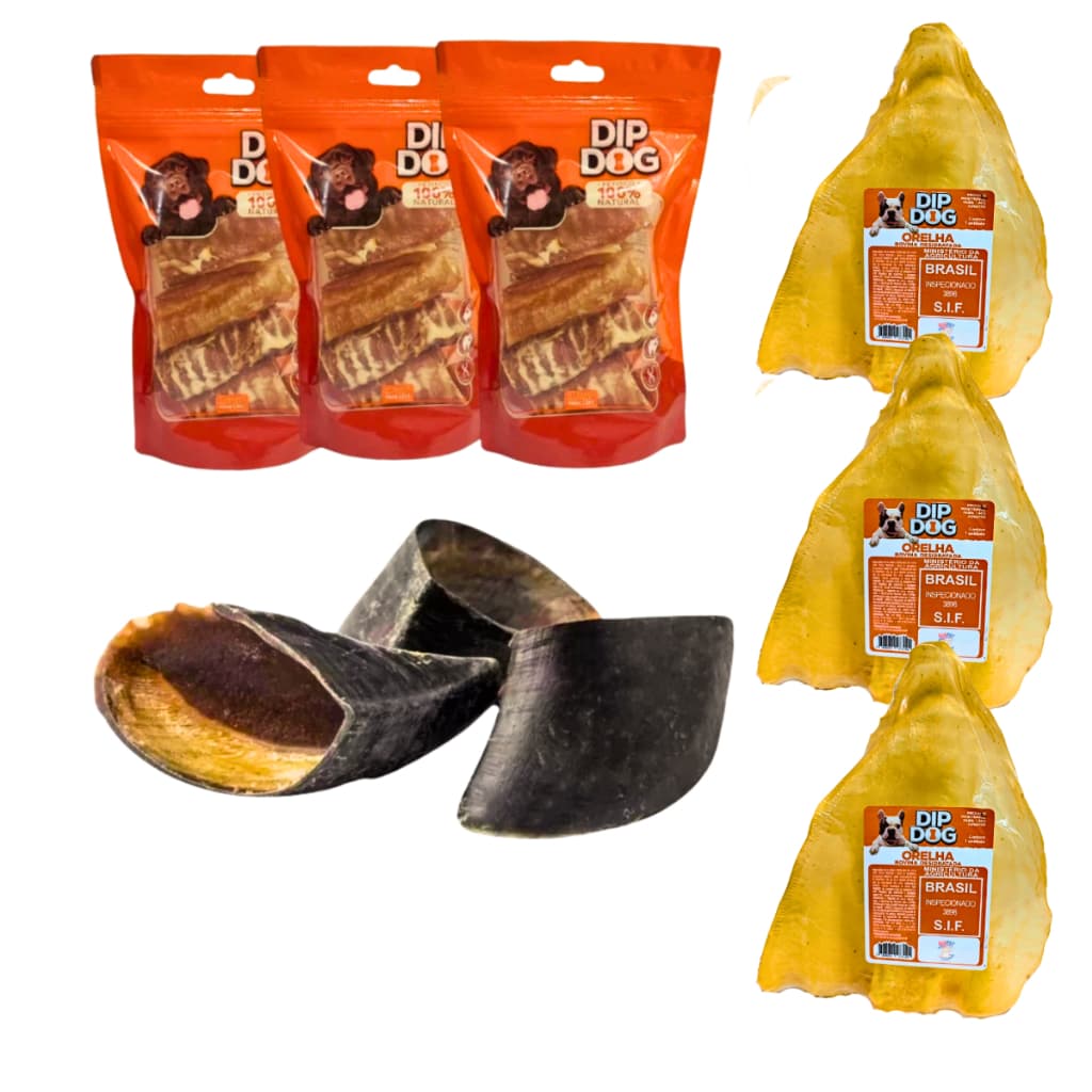 Mordedor Natural para Cães Casco Bovino Traqueia Bovina Orelha Bovina Kits Sortidos