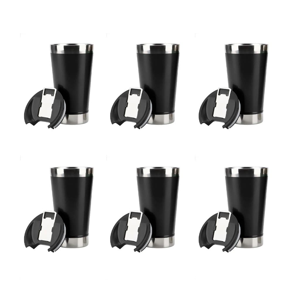 Kit 6 Copos Térmico De Cerveja Café Aço Inox 473ml Com Tampa Preto
