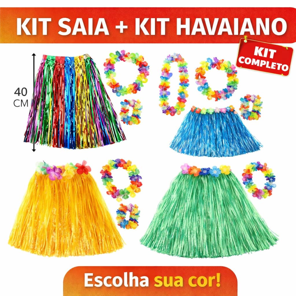 Kit Saia Havaiana 40cm + Kit Havaiano Completo (Colar, Pulseira e Coroa) Fantasia Carnaval