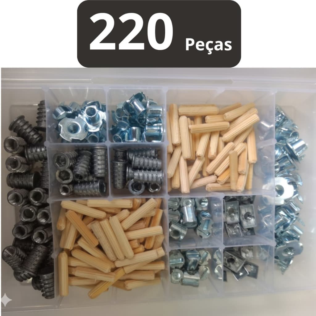 Caixa Organizadora Kit Buchas Americana Porca Garra e Cavilha Madeira Com 220 Peças
