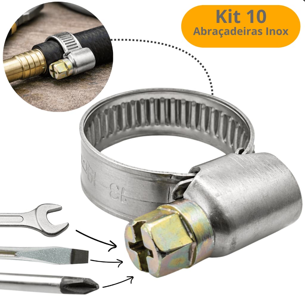 Kit 10 Abraçadeira Metal Mangueira Aço Inox Reforçada Gás tubos conexões
