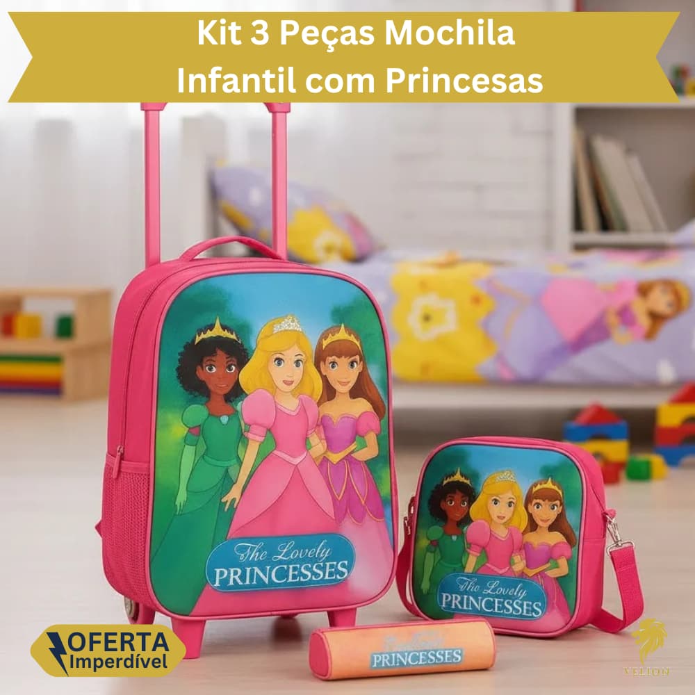 Kit Mochila de Rodinhas, Lancheira Térmica e Estojo 3 Peças Infantil Princesas Menina Escolar Aula