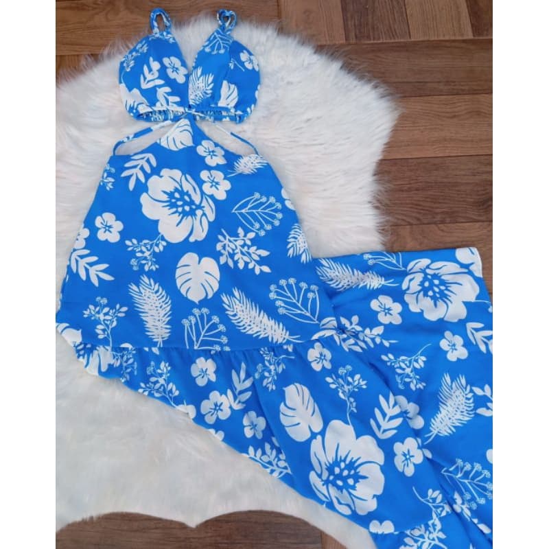 Vestido Longo Feminino Modelo Alcinha Tendência Floral Chic Com Abertura Lateral