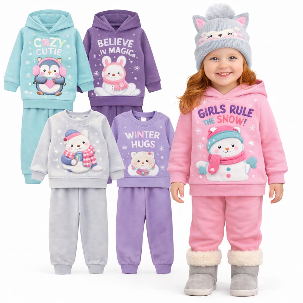 Kit 4 peças de Conjunto De Moletom Flanelado Infantil Menina Inverno Kit com 2 Conjuntos Inverno Sortidos