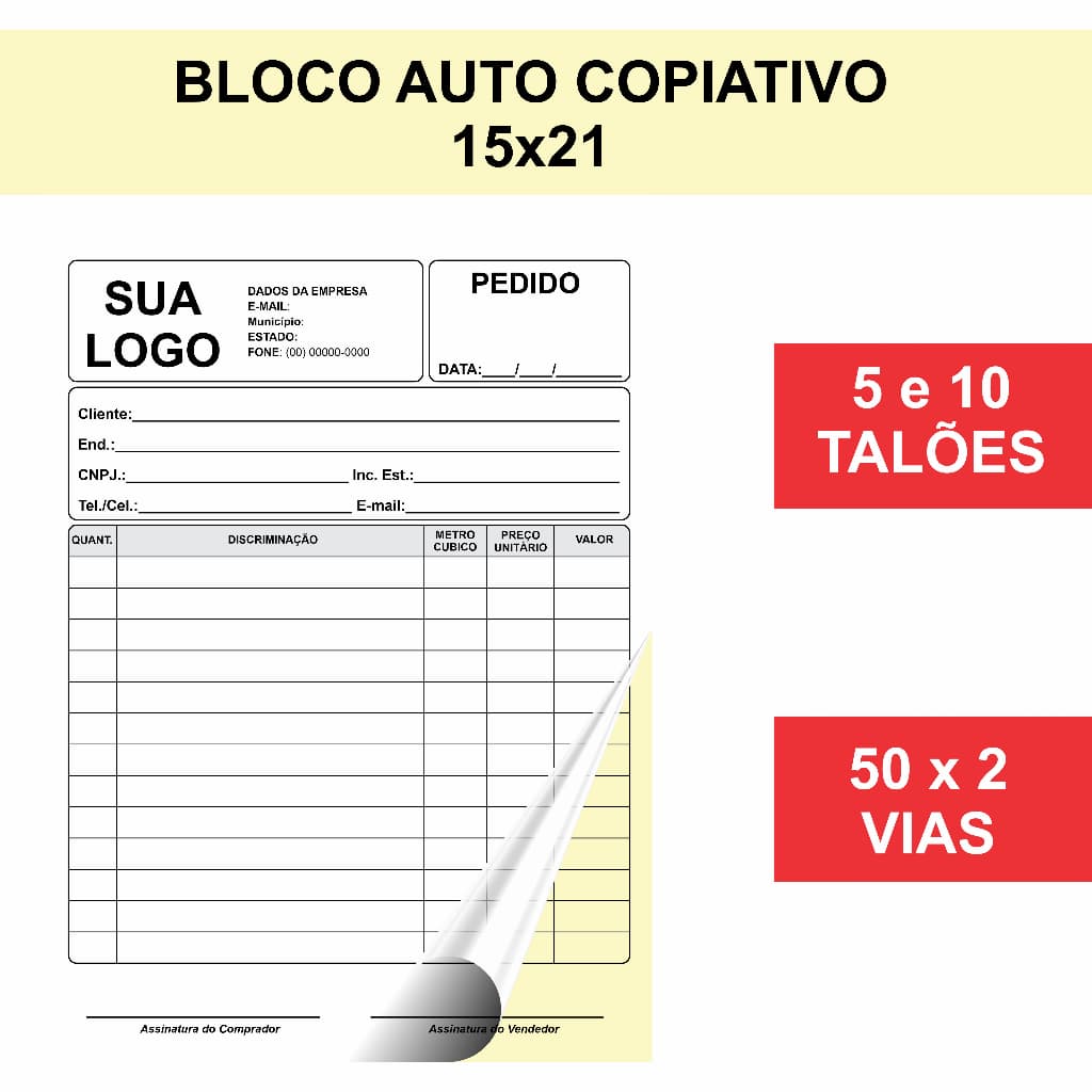 Bloco Auto Copiativo Personalizado - Tamanho 15x21cm 5 a 10
