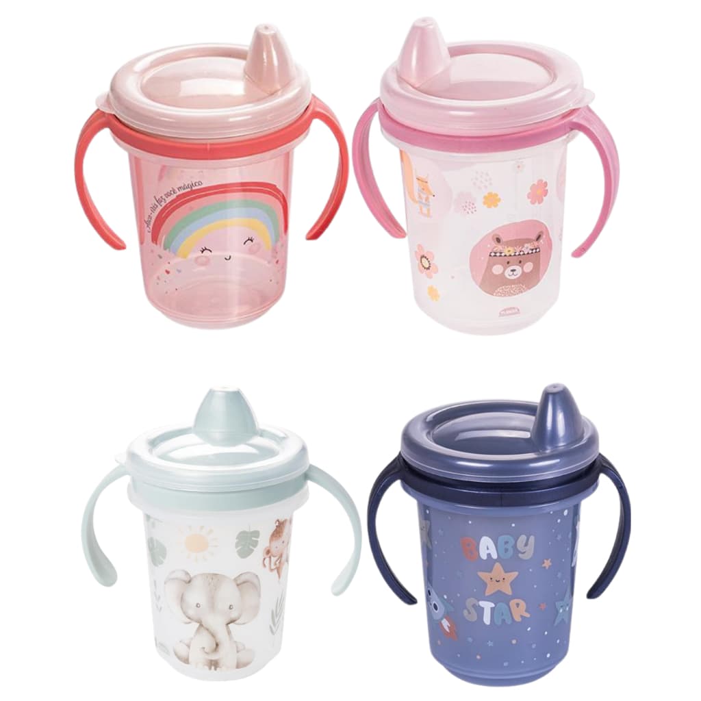 Copo Caneca Com Alça de Treinamento Infantil para Bebê com Bico de Plástico e Tampa 330 ml Plasutil Novidade