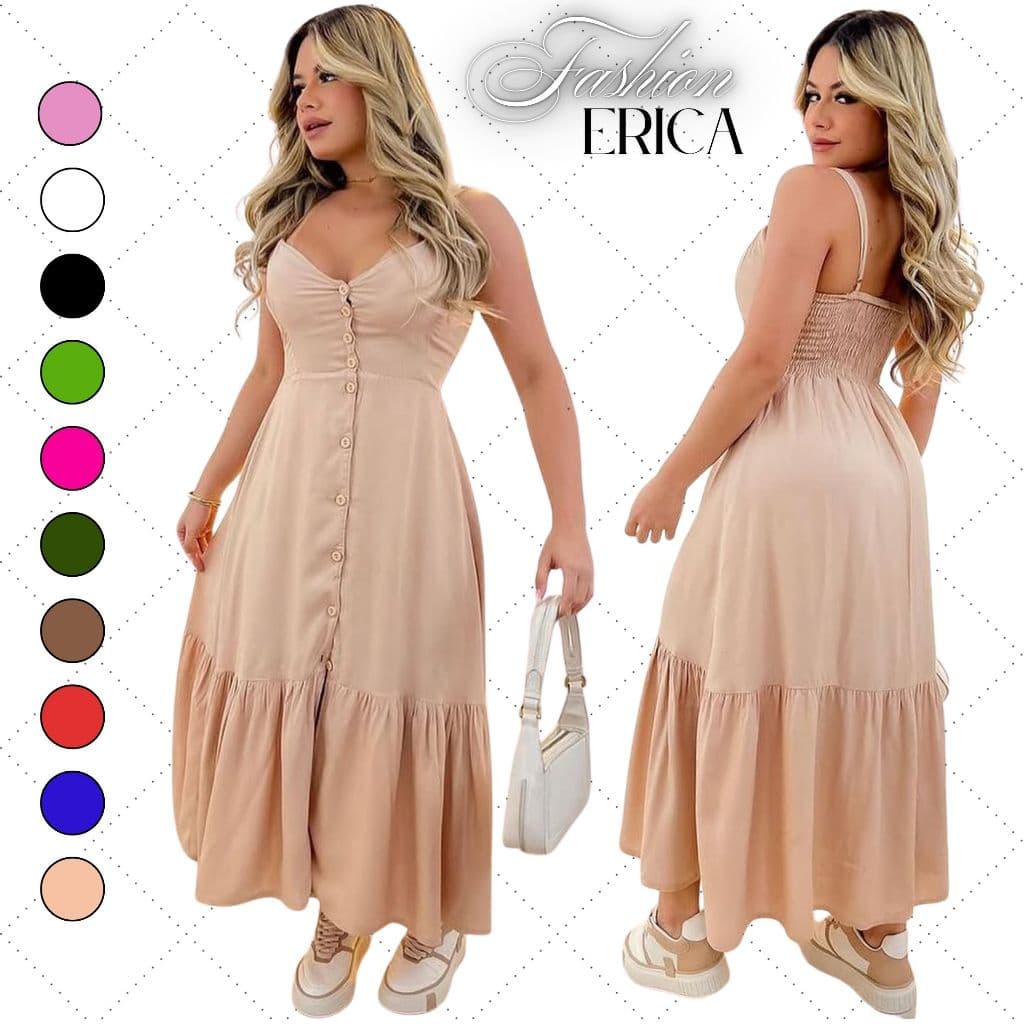 Vestido Feminino  Mídi Casual Soltinho Com  10  Botões Alça Regulável