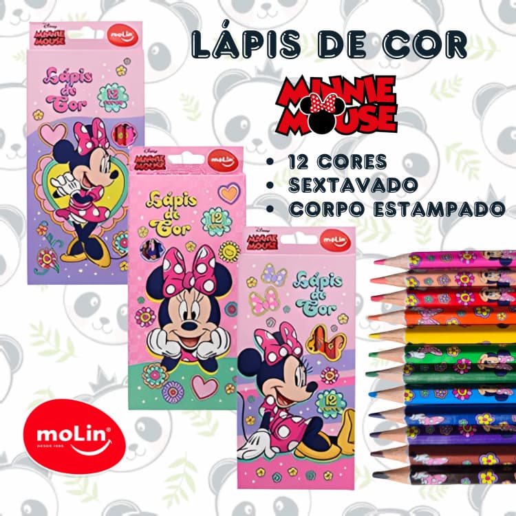 Lápis de Cor 12 Cores Minnie Mouse 3 Modelos Sextavado Disney | Molin