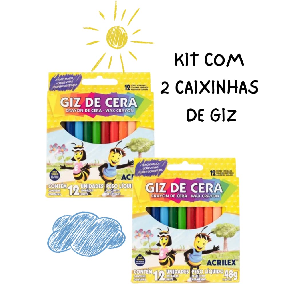 Giz de Cera 12 cores kit com 2 caixinha Acrilex