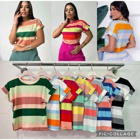 Kit C/ 3 Blusas T-shirt Listrada Americana Malha Premium Cores Variadas