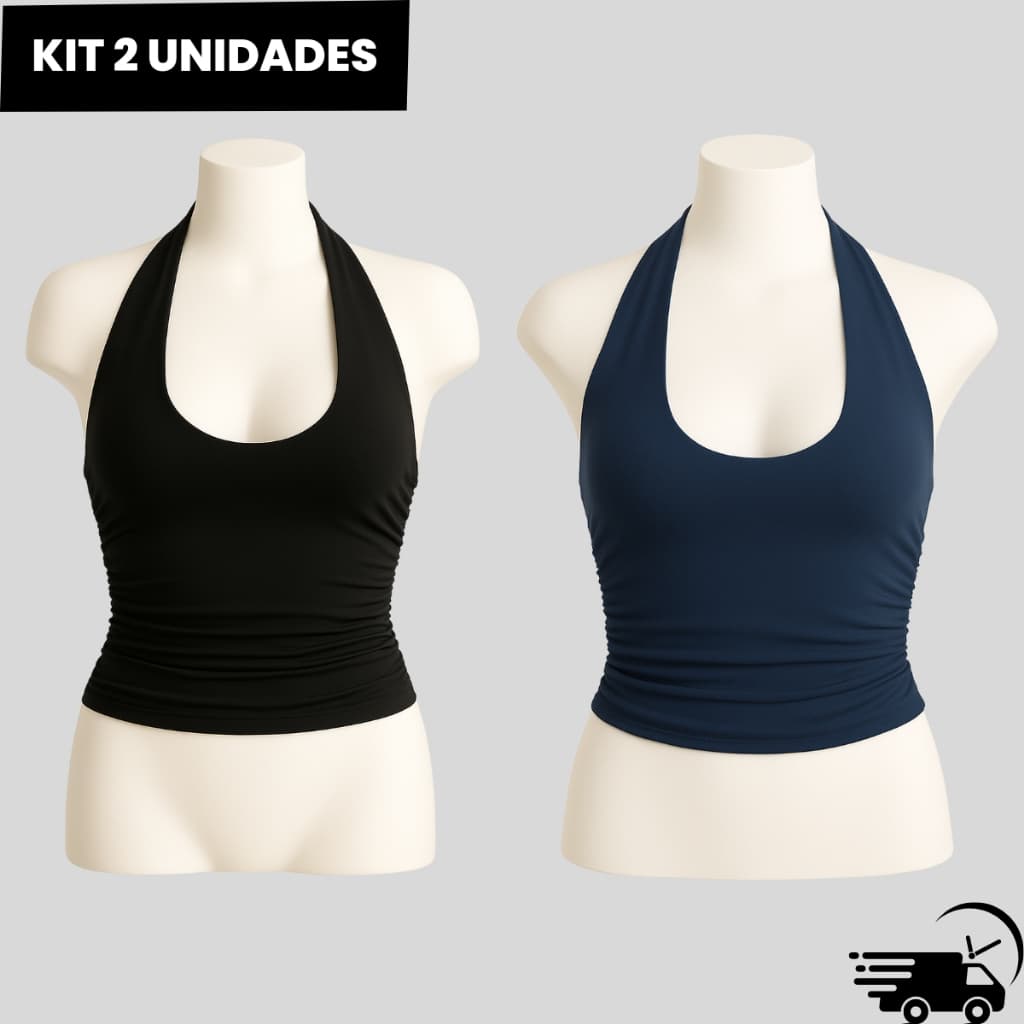 Kit 2 Blusa Cropped Feminino Frente Única Costa Nua Franzido Justo