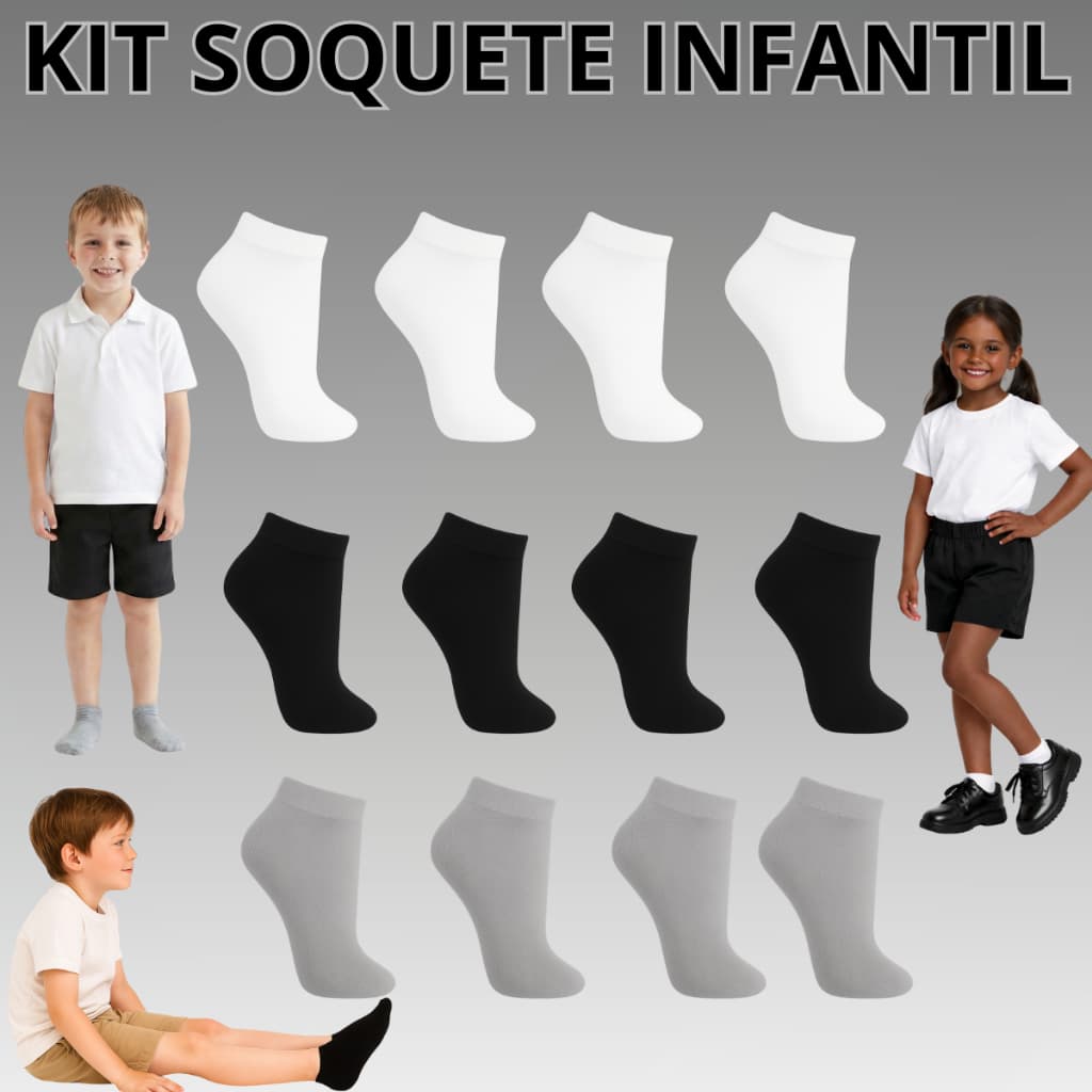 Kit Meia Infantil Soquete Cano Curto Unissex Juvenil Criança Escola Casual Preta Branca Cinza