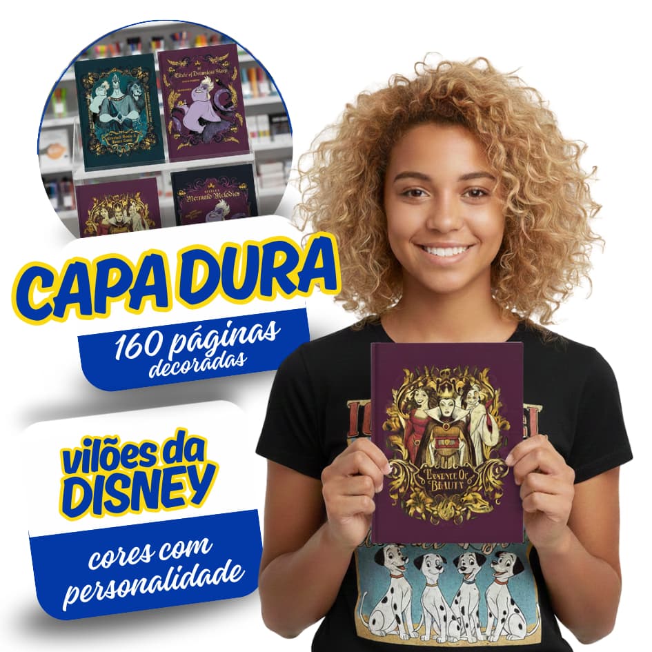 Caderno Colegial Capa Dura Vilões da Disney 17,9x24,1cm 160 Folhas - Animativa Vintage