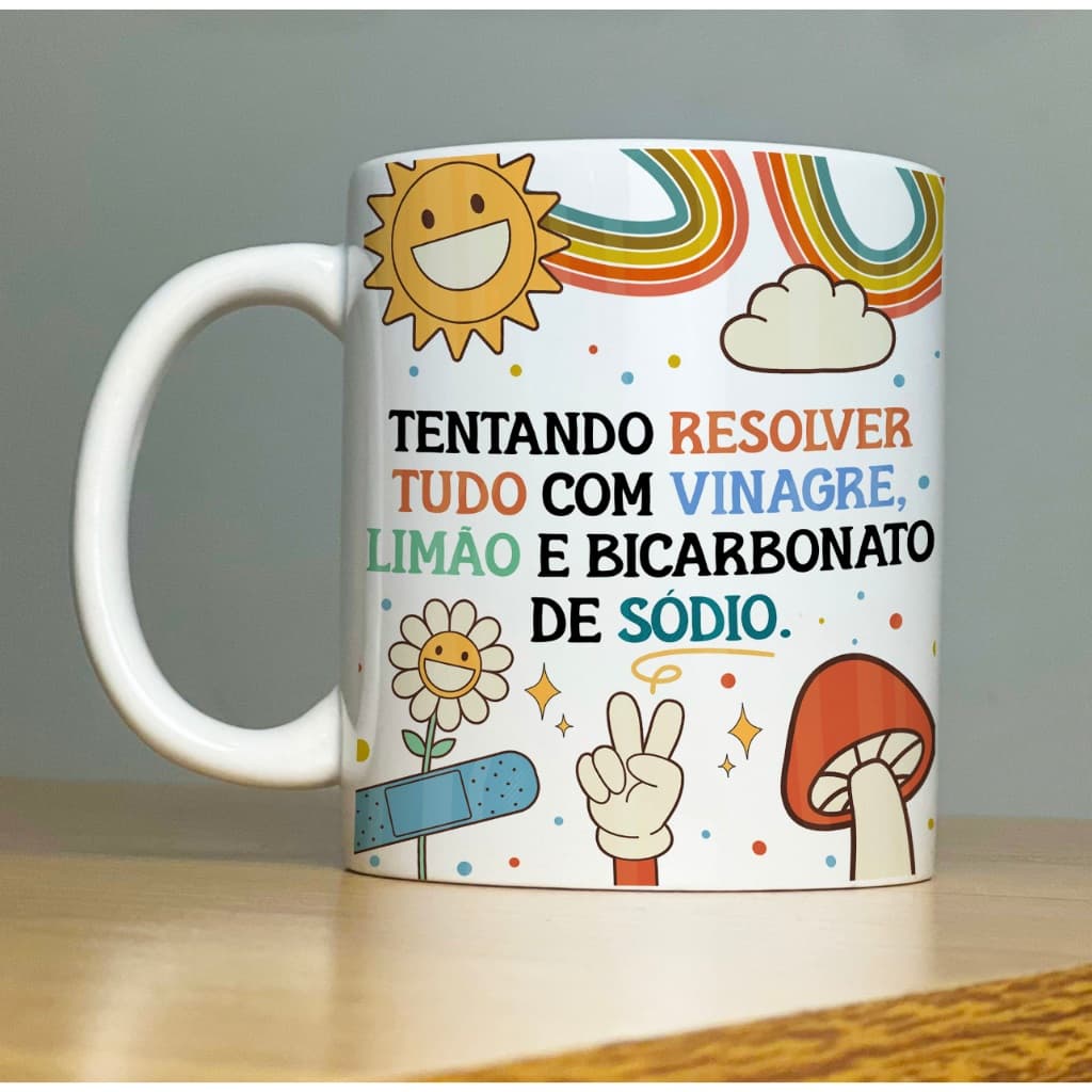 Caneca TENTANDO RESOLVER TUDO COM VINAGRE Good Vibes 2-Xícara com Frases Divertidas  engraçadas Porcelana