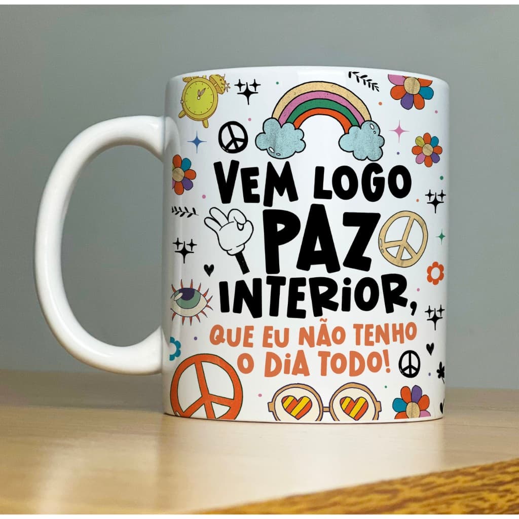 Caneca VEM LOGO PAZ INTERIOR Good Vibes 2-Xícara com Frases Divertidas  engraçadas Porcelana
