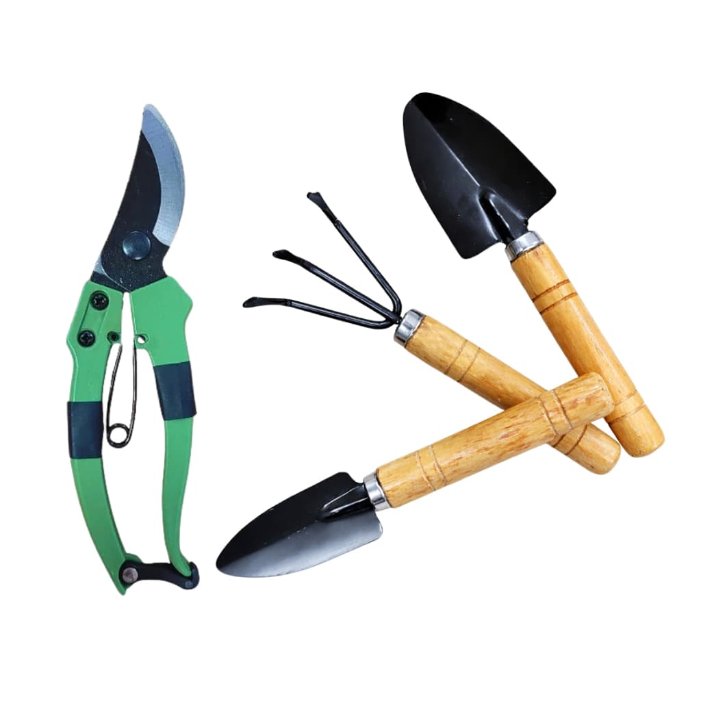 KIT JARDINAGEM COMPLETO PÁS EM AÇO PARA HORTA E JARDIM + TESOURA DE PODA 18CM COM TRAVA E MOLA